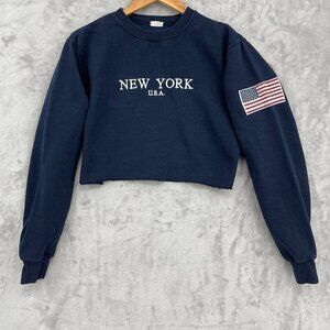 Brandy Melville Navy Cropped Cut Off Sweatshirt New York Flag